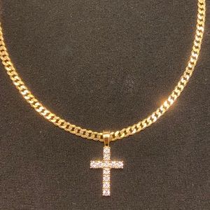 Gold Chain Cuban 4mm and Diamond Cross Pendant Set